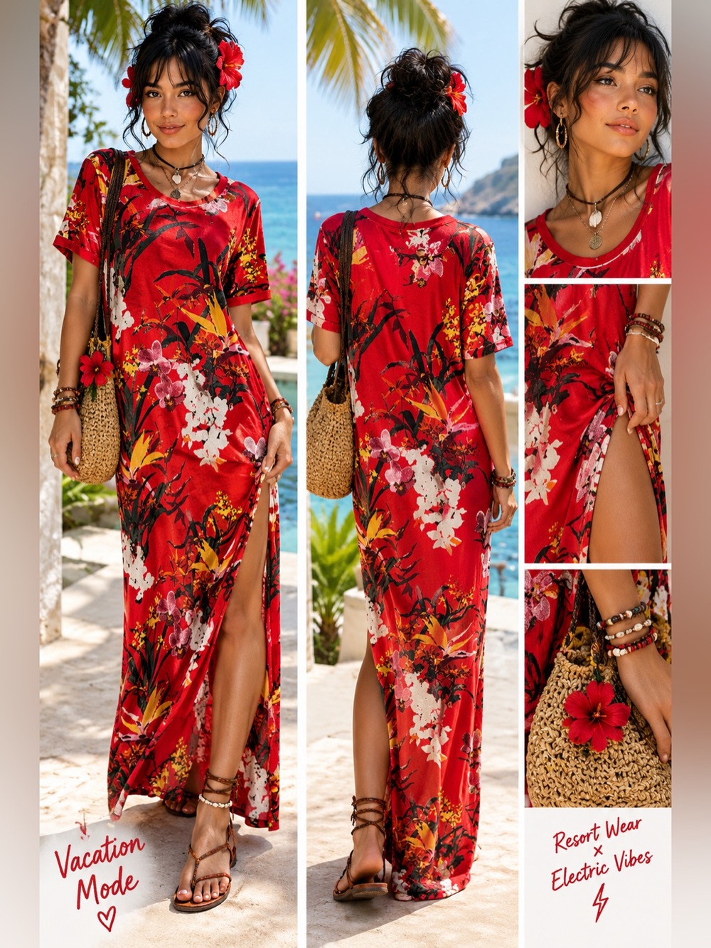 G.I.L.I. Red maxi short sleeve resortwear side slit maxi dress Small Petite